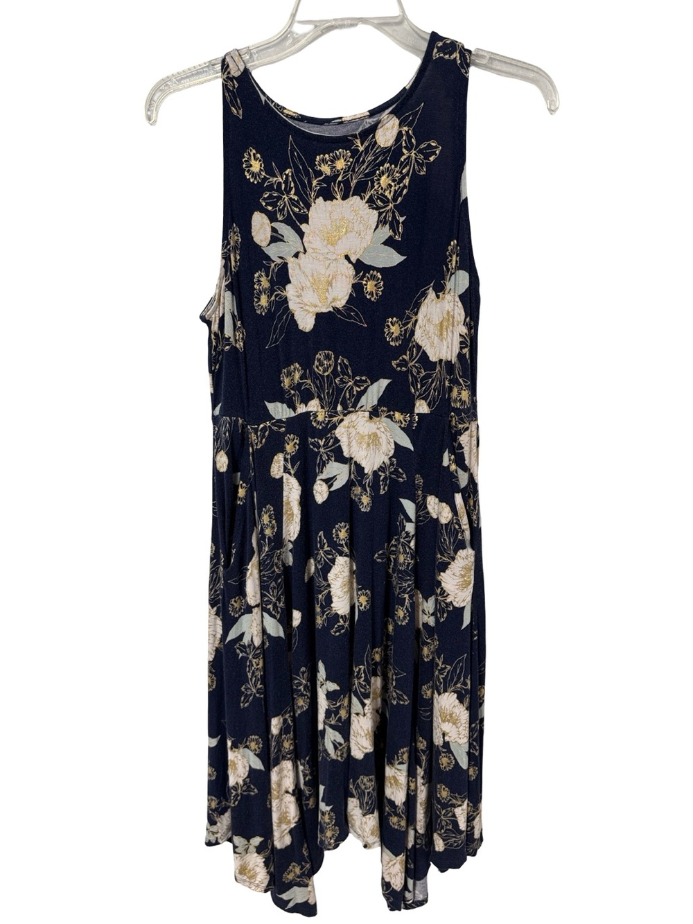 Sleeveless Navy Floral Midi Dress with Cream Blooms